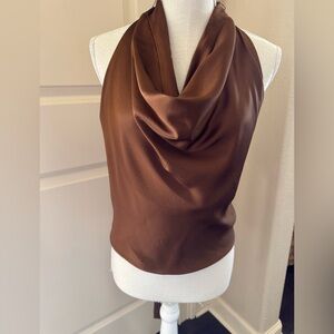 Single Silk Top in Rich Brown Cowl Neck Halter Top